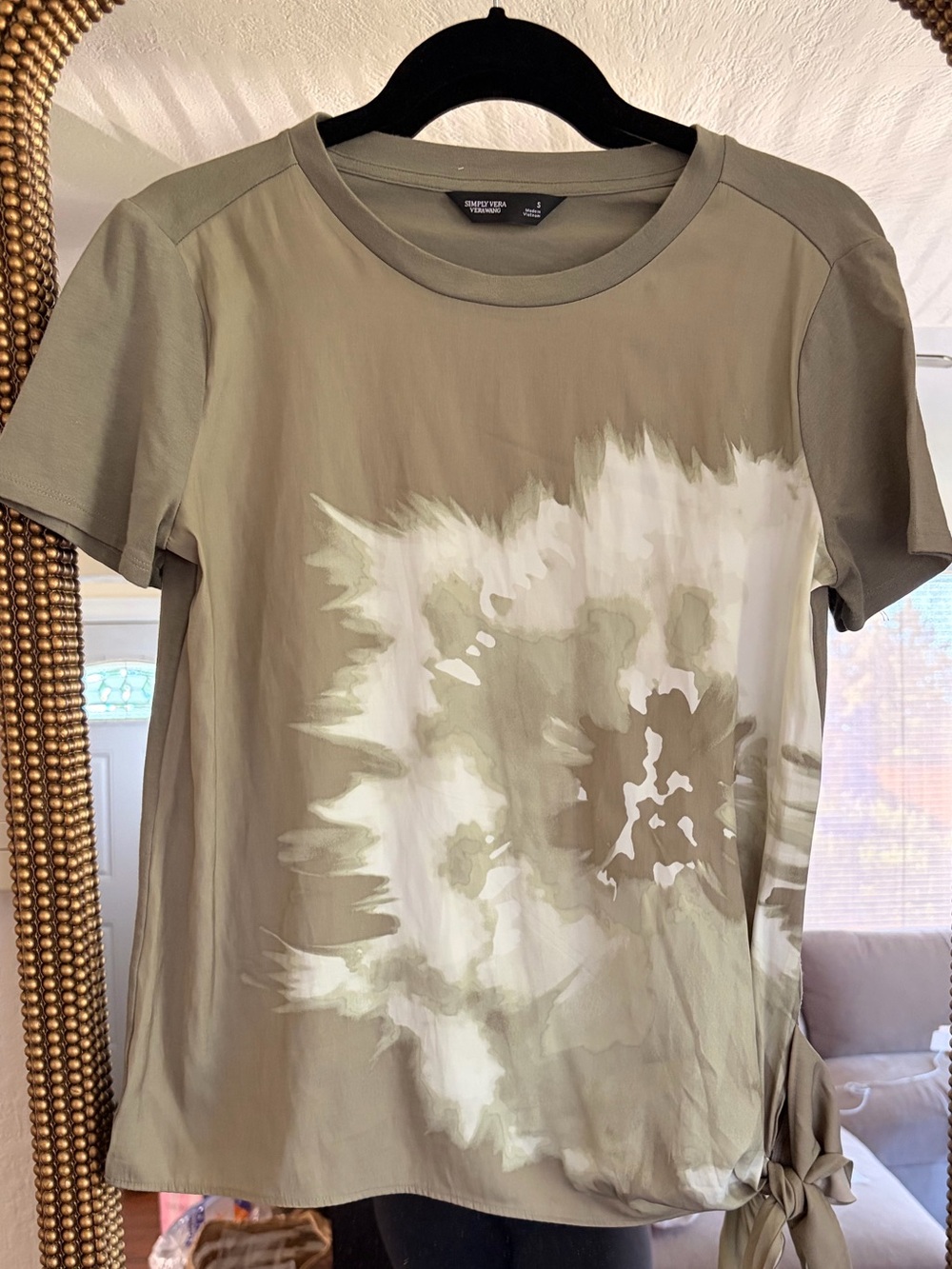 Simply Vera Vera Wang Olive Abstract Floral Tie Hem Top Size Small
